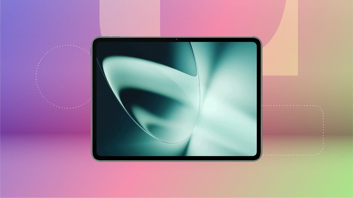 A green OnePlus Pad tablet against a purple, pink and green gradient background.