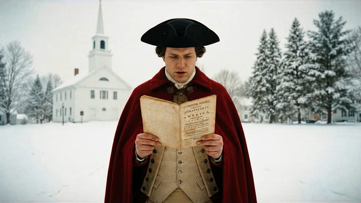 A man in colonial garb reads Common Sense against a snowy scene including a church and trees