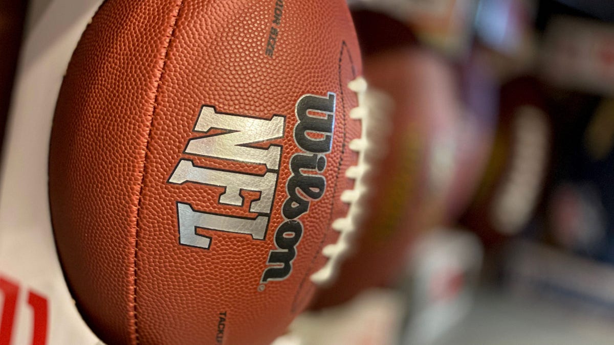 A football is seen displayed in a sports store in Culver City.