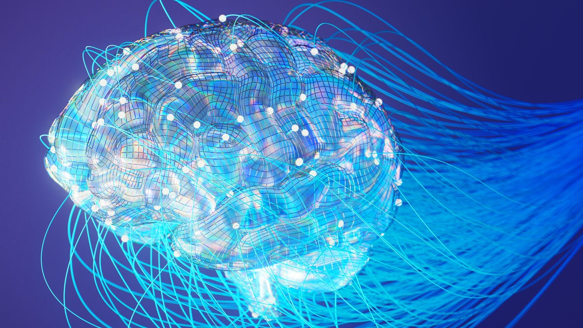 Digital illustration of a glowing human brain surrounded by what looks like a network of wires and circuitry.
