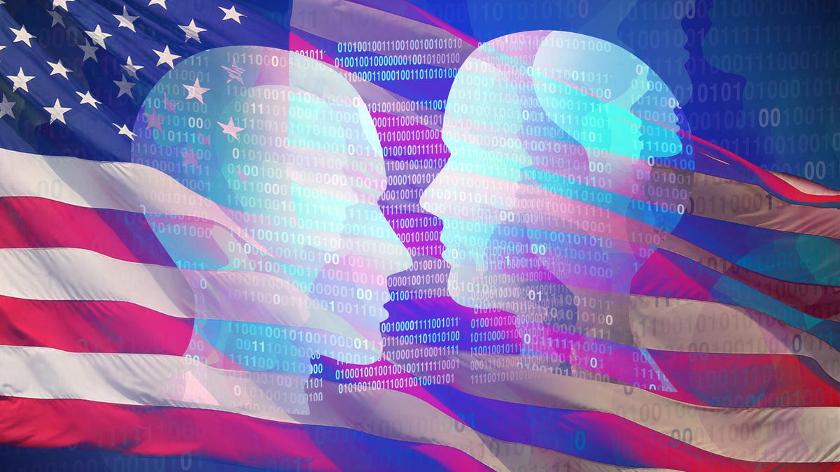 An image of two faces made out of code in front of an American flag.