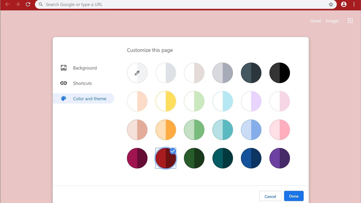 Google lets you pick a Chrome color scheme from the new tab page.