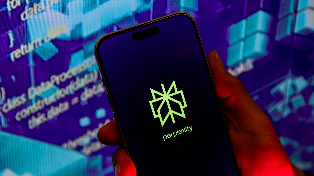 Perplexity AI logo on an iPhone screen with an abstract code texture backdrop