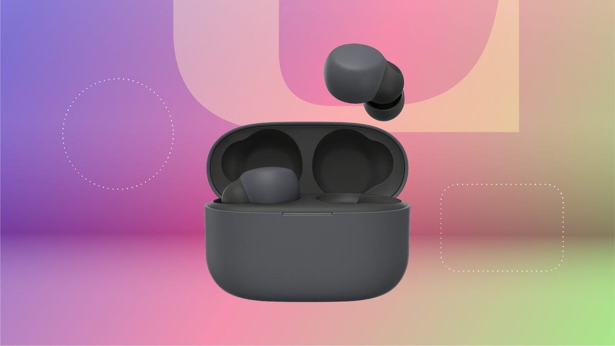 A pair of black Sony LinkBuds S earbuds against a purple, pink and green gradient background.