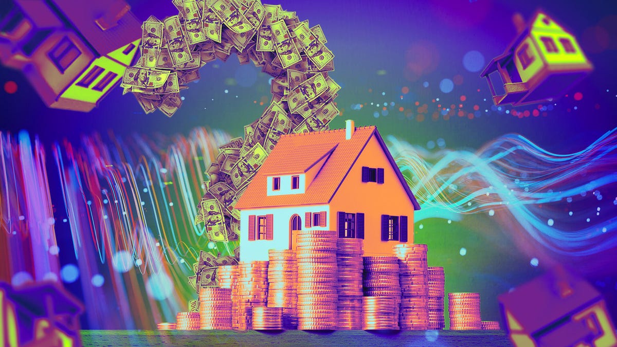 graphic of home with coin stacks and flying money