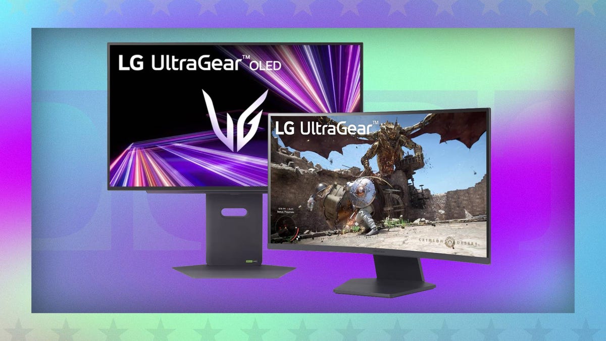 Two LG monitors against a purple and green CNET background.