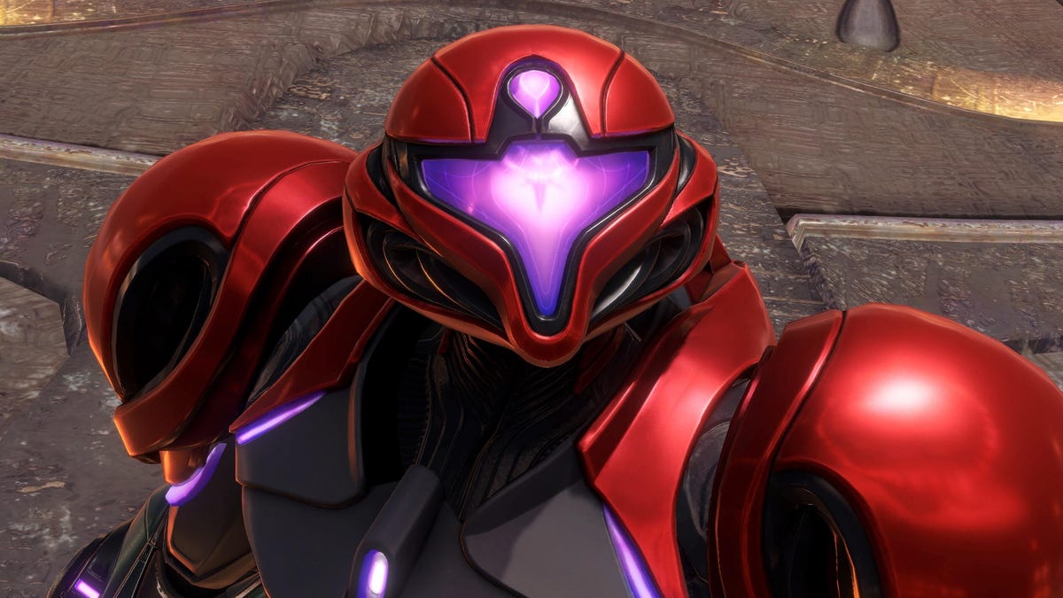Samus Aran of Metroid in a red suit looking at the sky in Metroid Prime 4