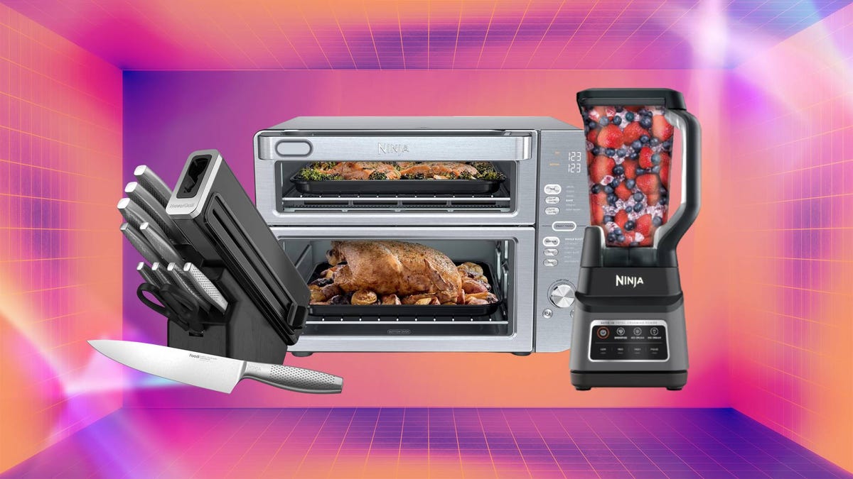 A knife block, air fryer and blender against an orange and purple CNET background.