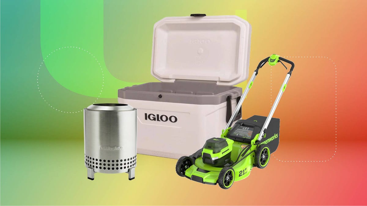 A stainless steel fire pit, off-white cooler and black and green lawn mower against a a green and red gradient CNET background.
