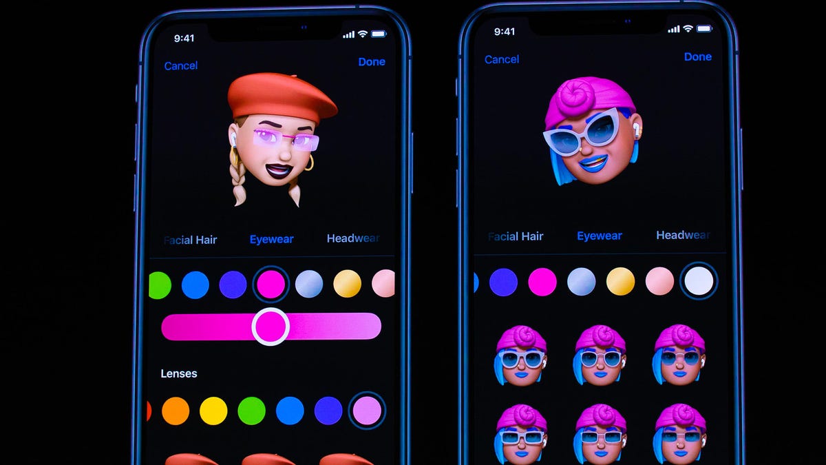 Two iPhones showing customized Memoji