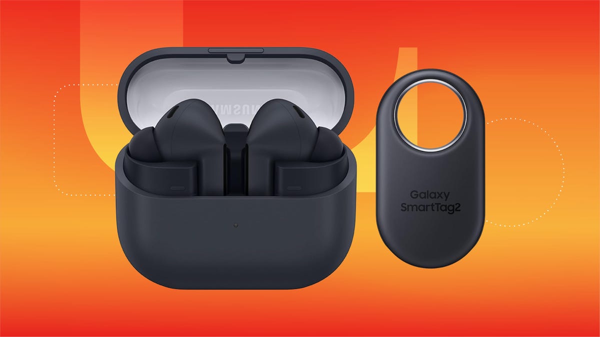 A pair of Samsung Galaxy Buds 3 FE and a SmartTag 2 tracker are displayed against a gradient orange background.