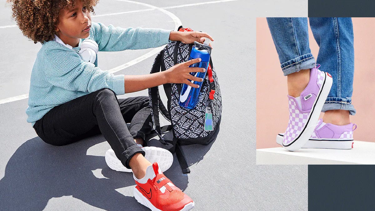 kid with backpack and red shoes