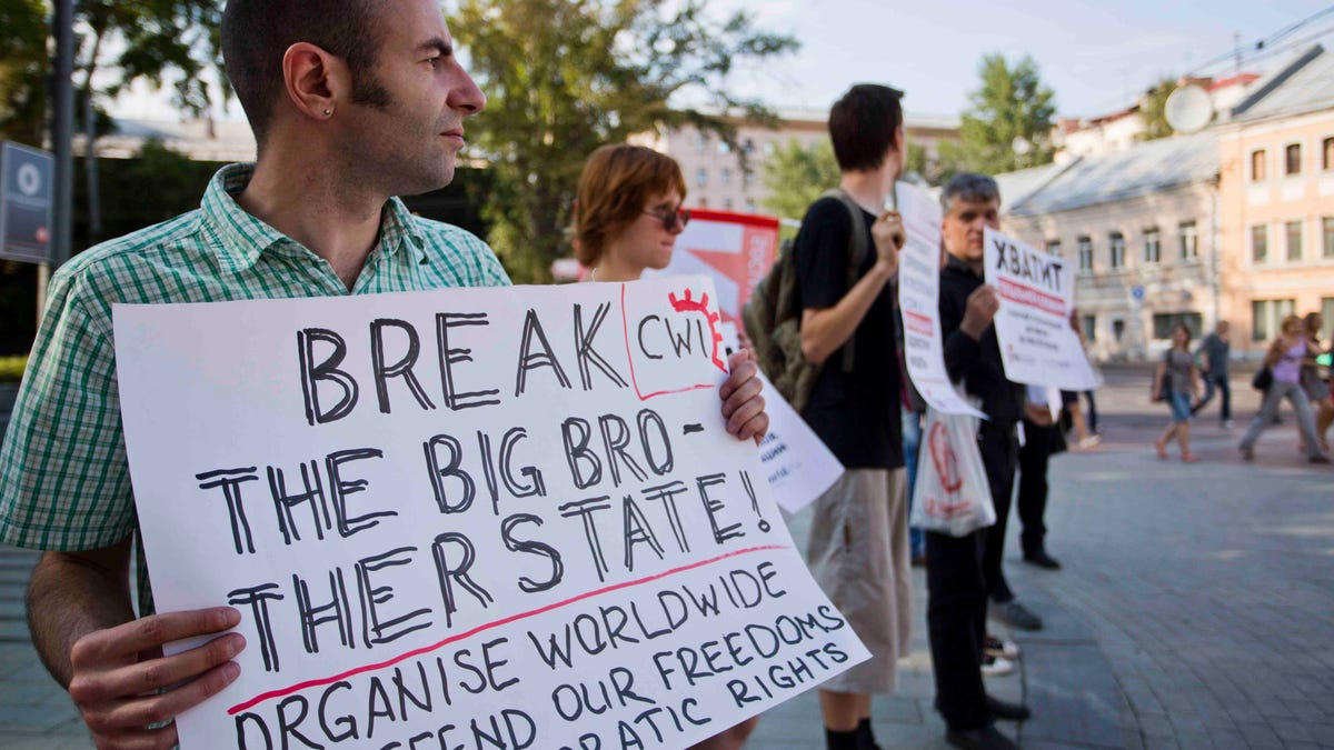 Russian supporters of Edward Snowden, who leaked classified National Security Agency surveillance documents, rally today in central Moscow.