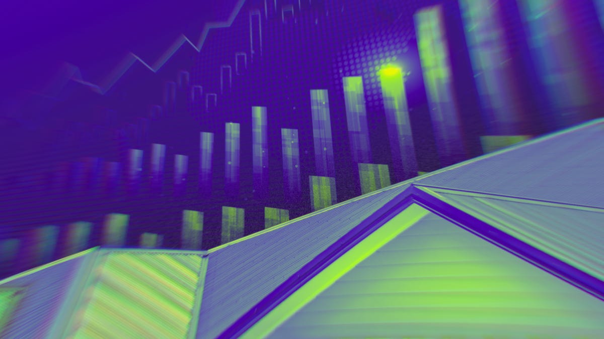 rooftops with rising cost symbol