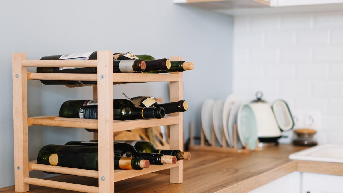 wine rack on kitchen counter