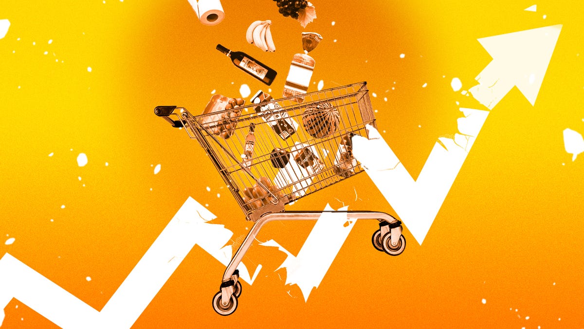 shopping cart with groceries falling out and upward arrow
