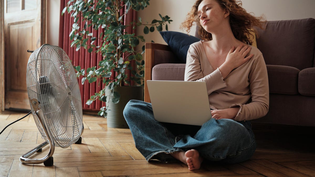 A woman sits on the floor in front of a couch with a laptop facing a fan.