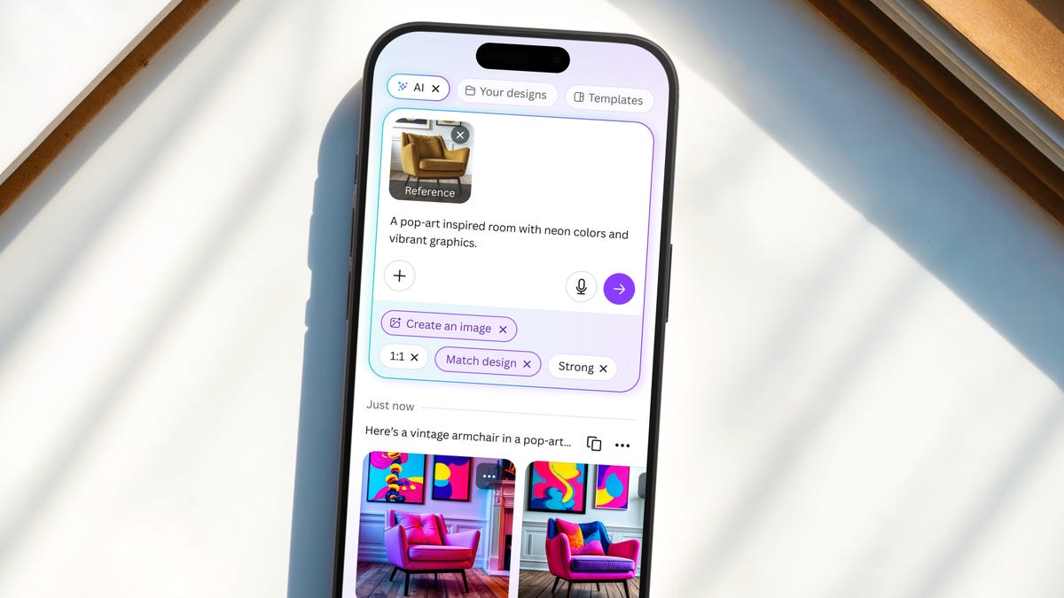 a smartphone displaying the new Canva AI chatbot