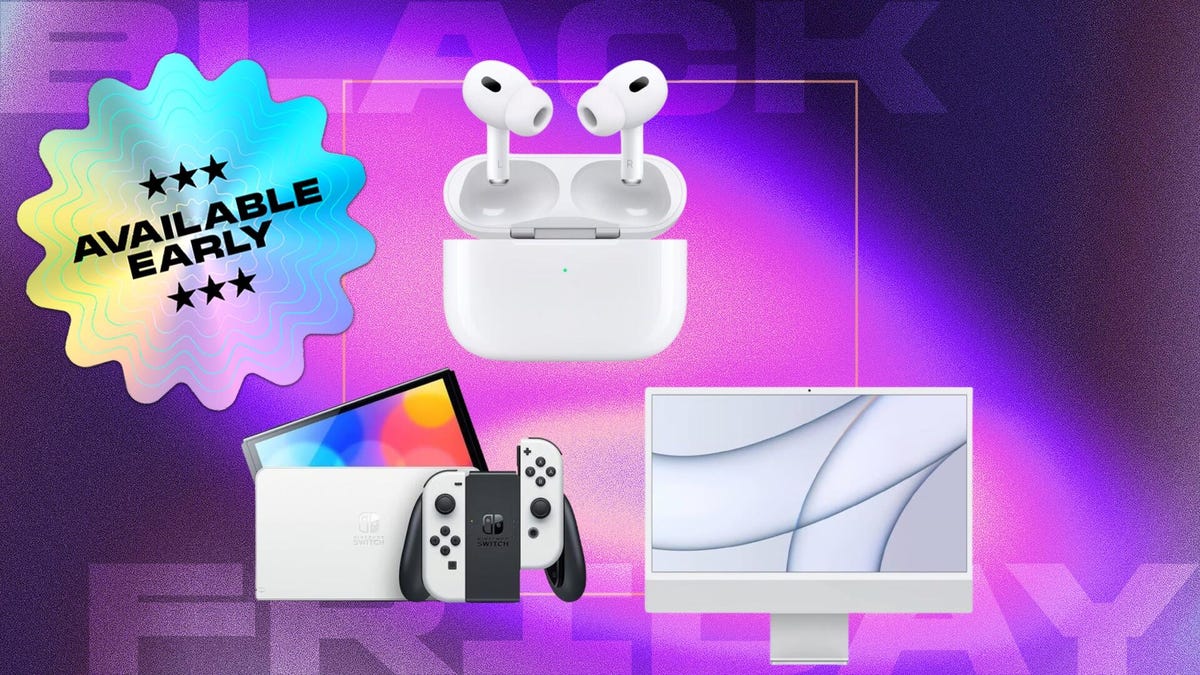 AirPods Pro, iMac, and OLED Switch on purple background.