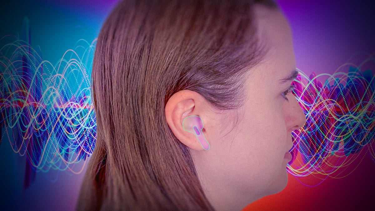 A person with brown hair wearing a drawn-on earbuds with multicolored sound waves in the background.