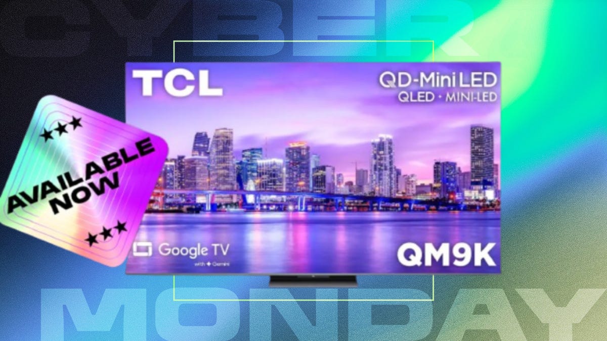 A TV screen displays a city scape and the brand name and model number against. plum colored background that features the words Black Friday in a translucent orange