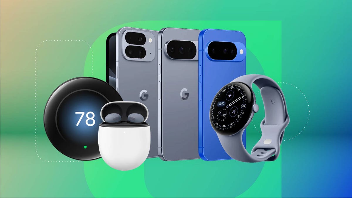 A smart thermostat, pair of earbuds, smartwatch and three different Pixel phones against a green gradient CNET background.