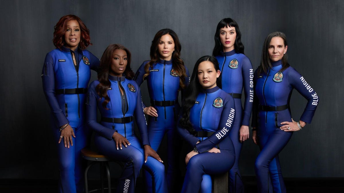 Blue Origin MS-31 crew in blue suits consists of Gayle King, Aisha Bowe, Lauren Sanchez, Amanda Nguyen, Katy Perry and Kerianne Flynn.