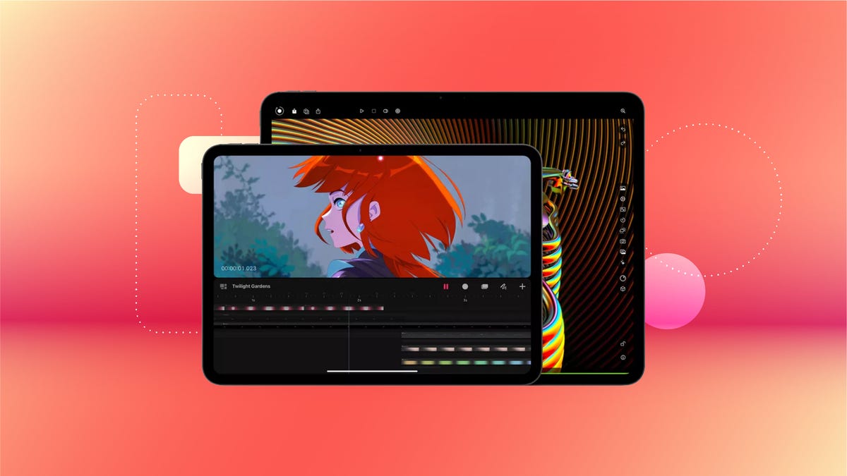 The screens of both sizes of the iPad Pro M4 against a red gradient CNET background.