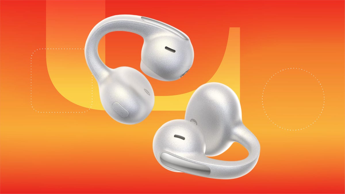 The Baseus Bowie MC1 Pro open-ear clip-on headphones are displayed against a gradient orange and red background.