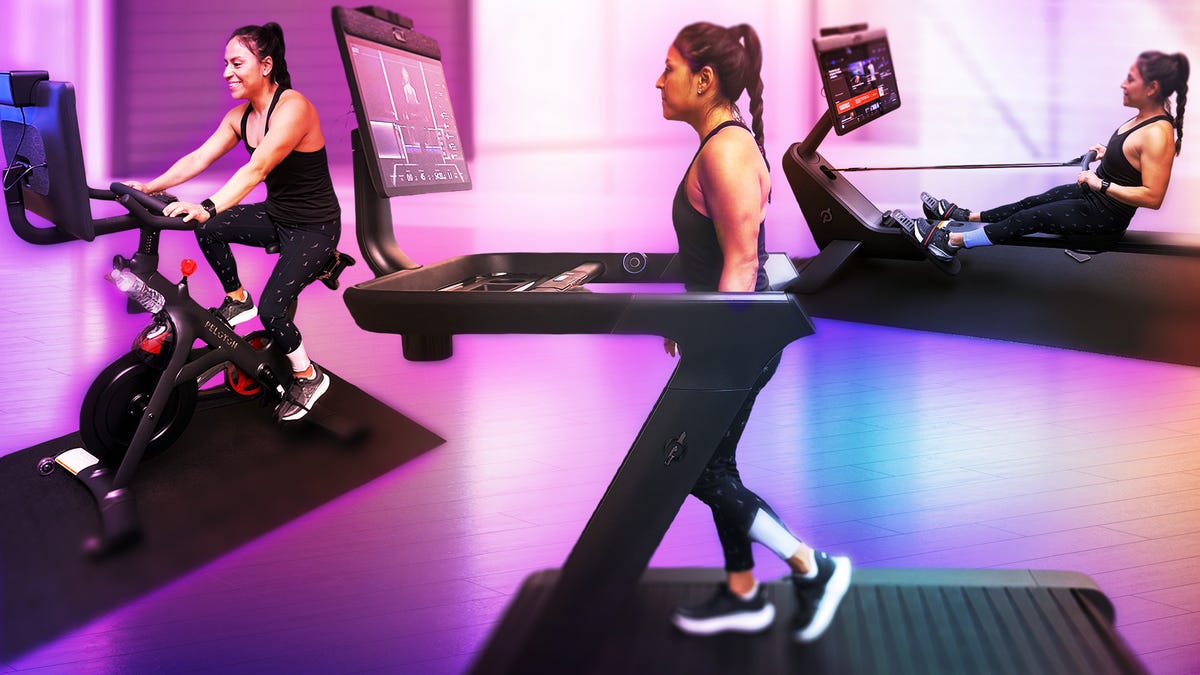 woman shown on three different pieces of equipment: bike, treadmill, rowing machine