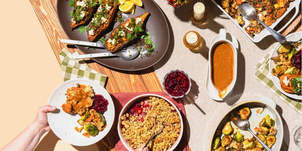 a vegan Thanksgiving spread on a table