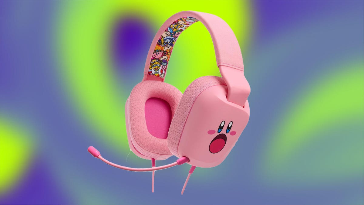 Pink headphones with Nintendo character Kirby's face on a colorful background.