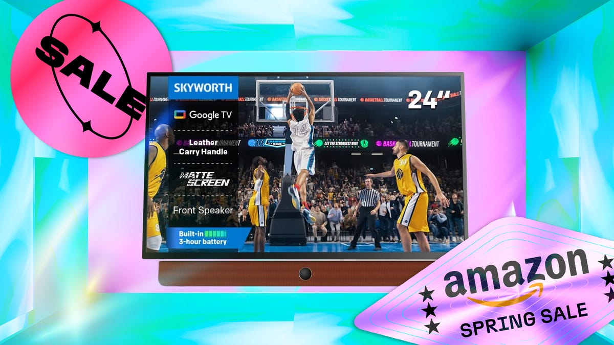 Skyworth 24 inch portable TV on a blue background with an Amazon Spring sale sticker