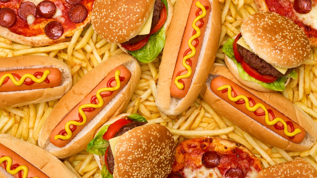 Fast food such as hot dogs, pizza, burgers and french fries