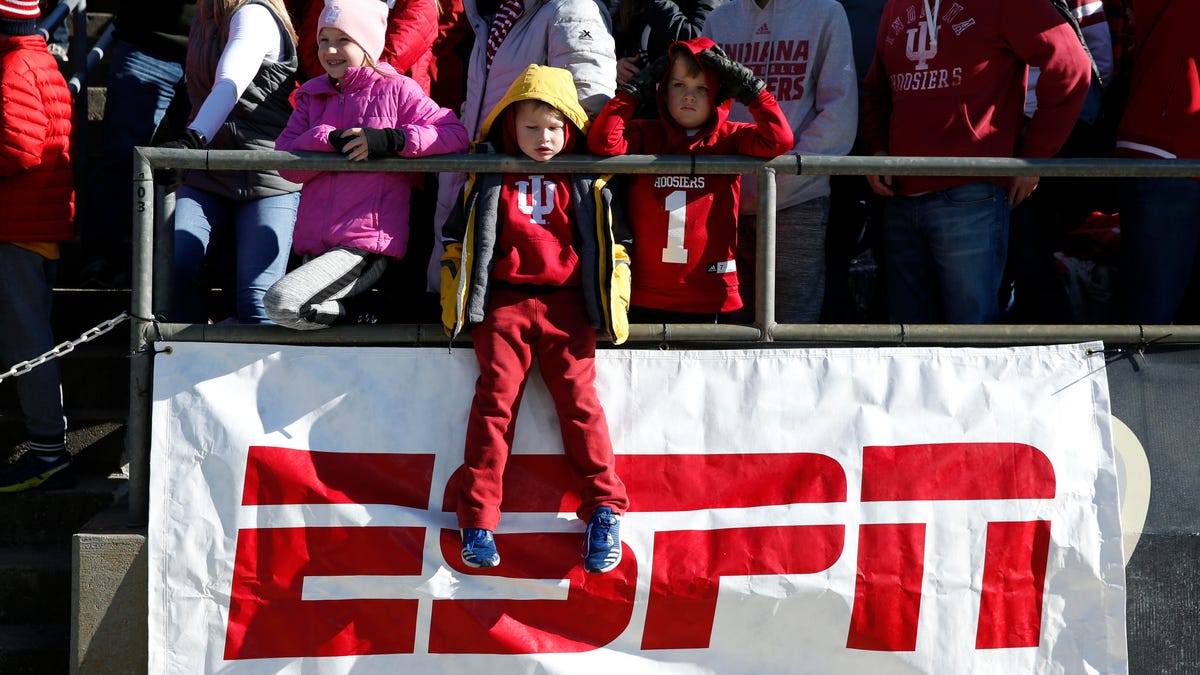 A boy in the stands at a sports event sits on top of an ESPN sign