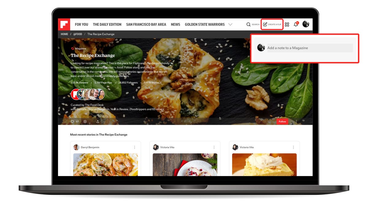 Flipboard's updated app, with a newly added note button on the top-right of the screen.