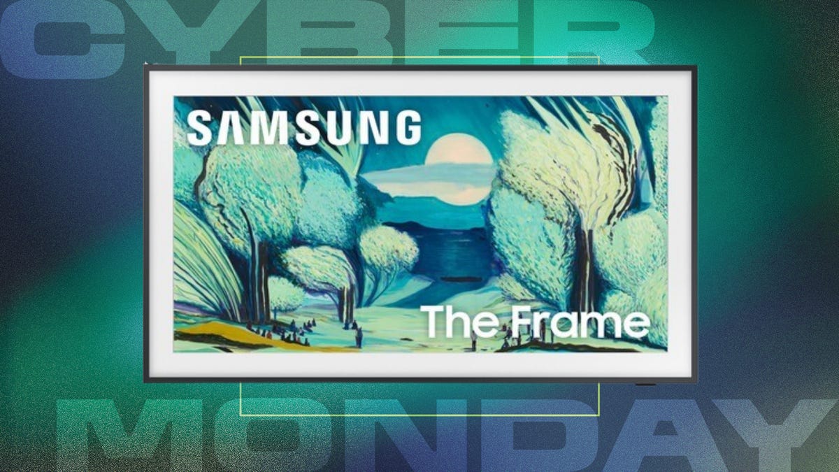 The Frame TV at a Cyber Monday background