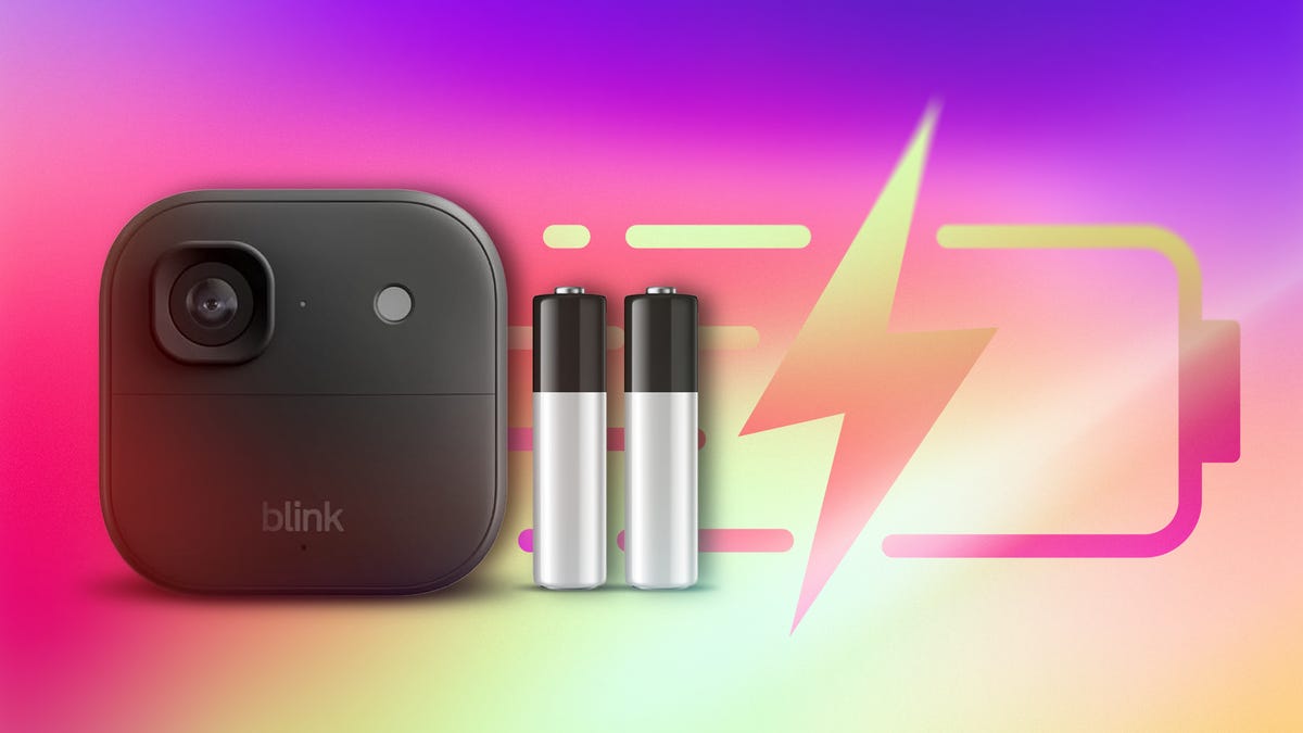 A Blink camera and batteries against a CNET background.