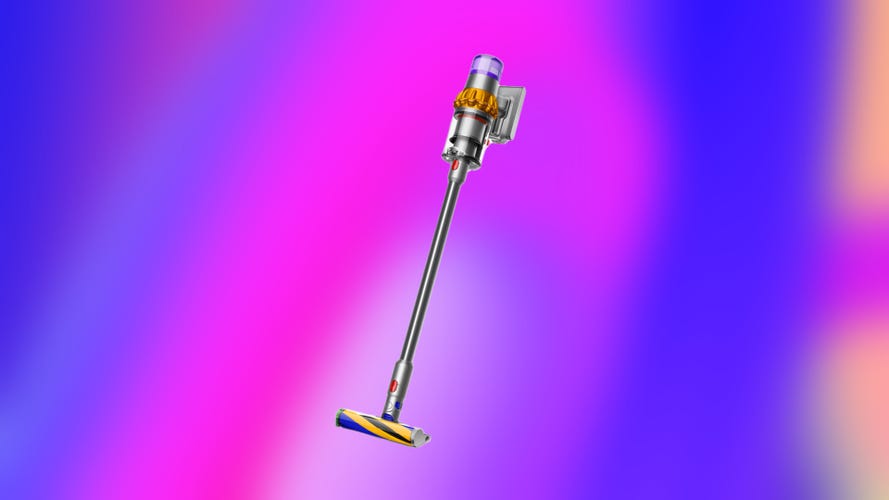 A silver and orange Dyson cordless vacuum against an abstract blue and pink background. 