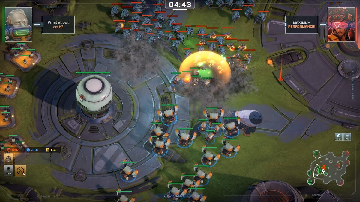 Two armies of army units face off against each other, one defending a base and one attacking.