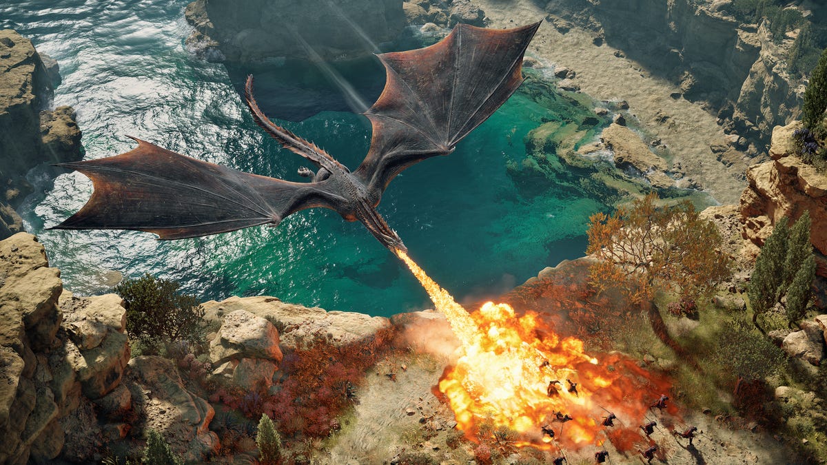 An in-game screenshot of a dragon torching a bunch of troops. Metal.