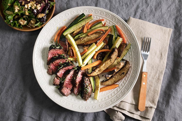 Meal from Green Chef: seared steak medallions on a bed of veggies