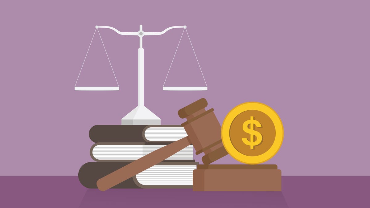 illustration of a balance, books and gavel next to a dollar coin