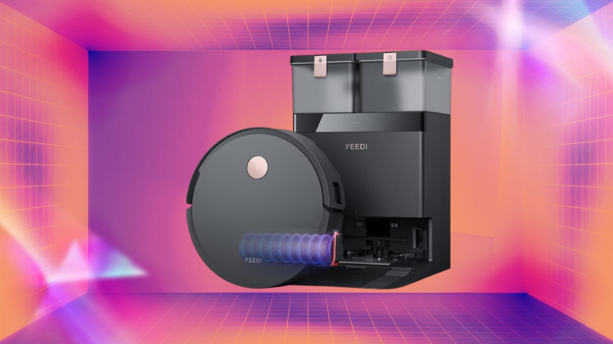 Yeedi S14 Plus robot vacuum with base station against a pink and purple background