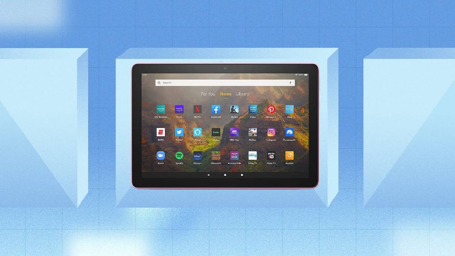 A Fire HD 10 tablet against a blue background.