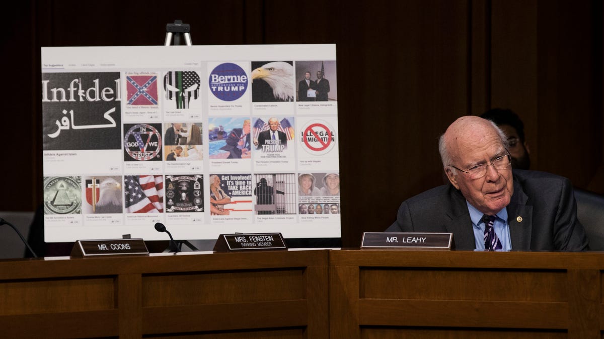 Sen. Patrick Leahy with examples of Russian Facebook propaganda, during a hearing in October 2017.