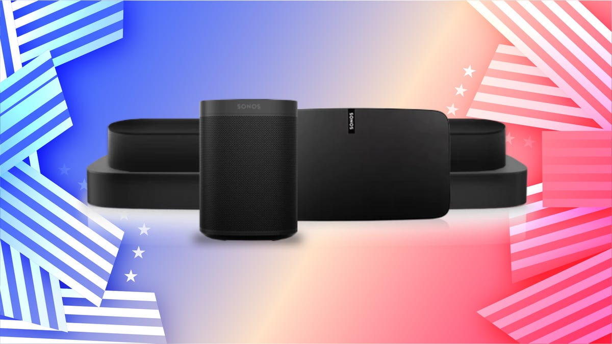 A range of Sonos wireless speakers against a colorful red and blue gradient