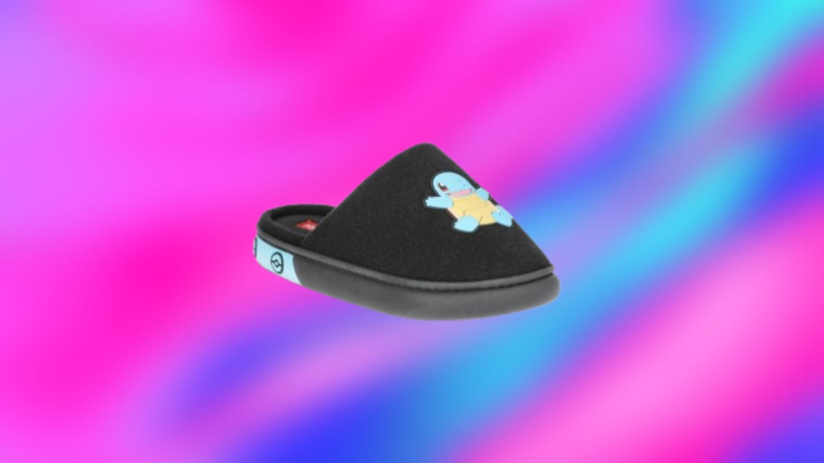 Black slipper with Pokemon character displayed against a swirling blue and pink background
