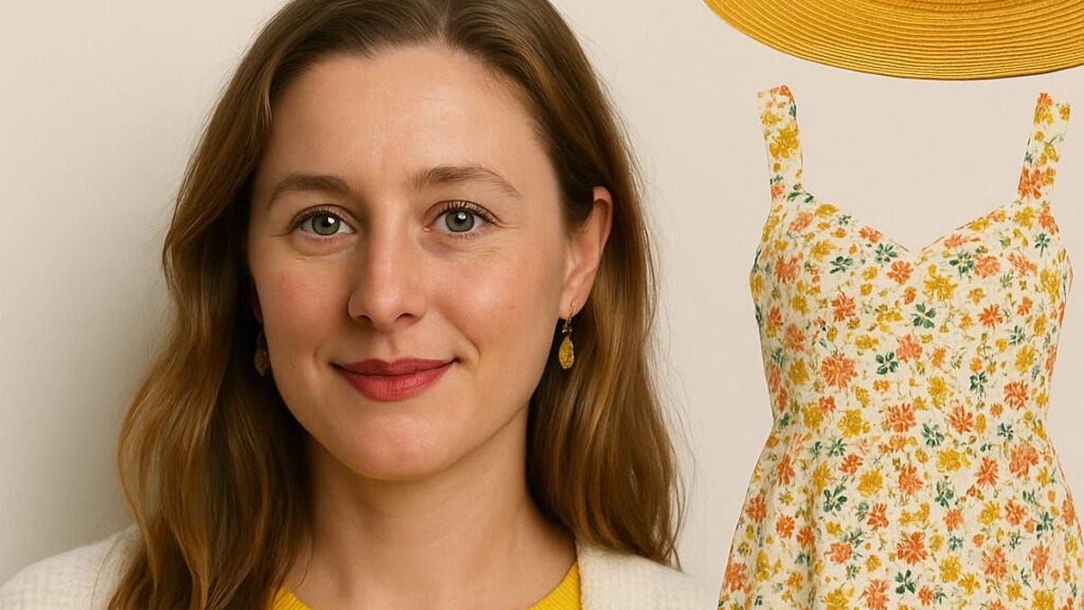 Headshot of a woman smiling, beside a floral sun dress and brimmed straw hat