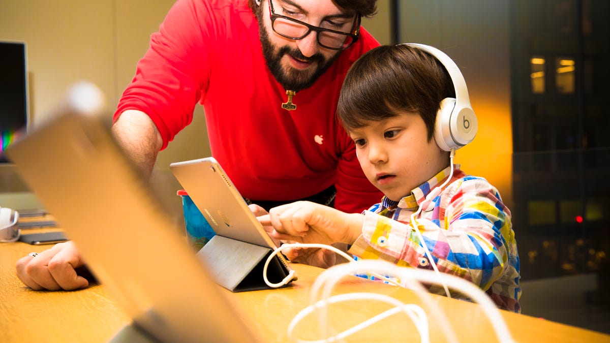 A man and child working on a computer
